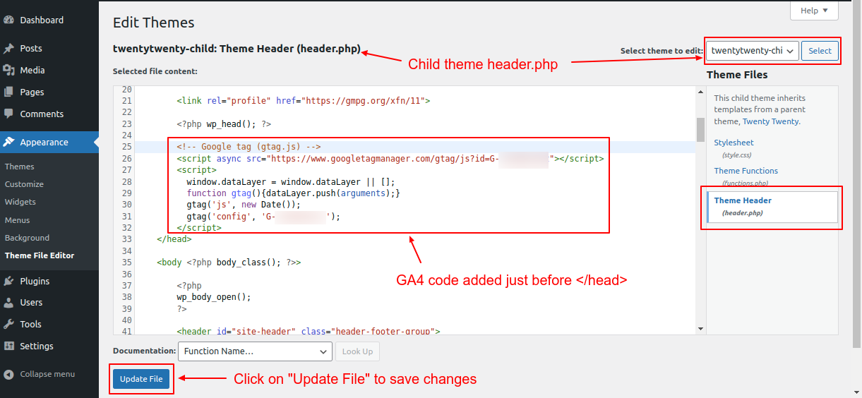 Paste the GA4 code before the HTML head tag