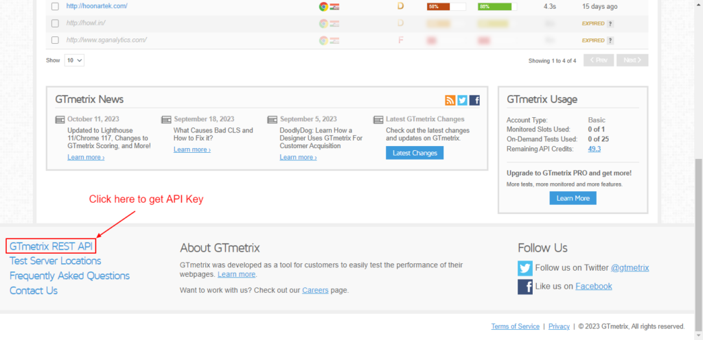 Click on “GTmetrix REST API” to get the API Key 