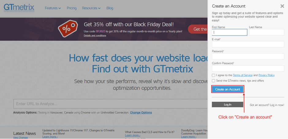 Register for a GTmetrix account now