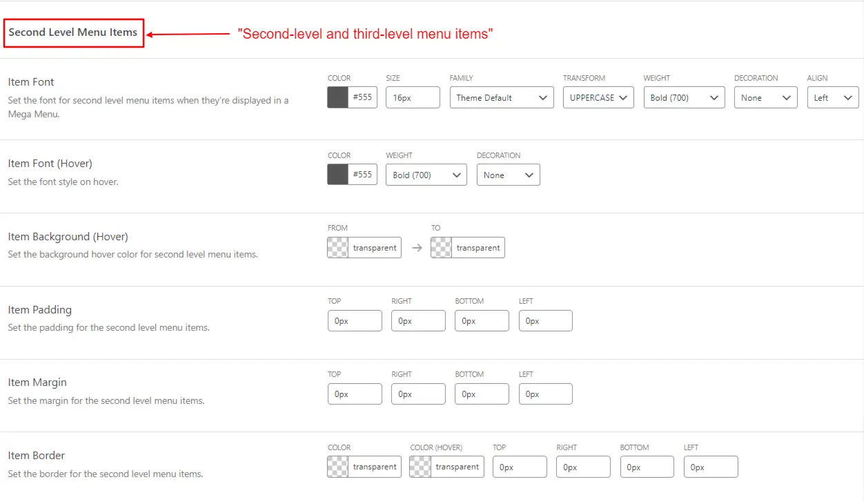 Second Level Menu Settings