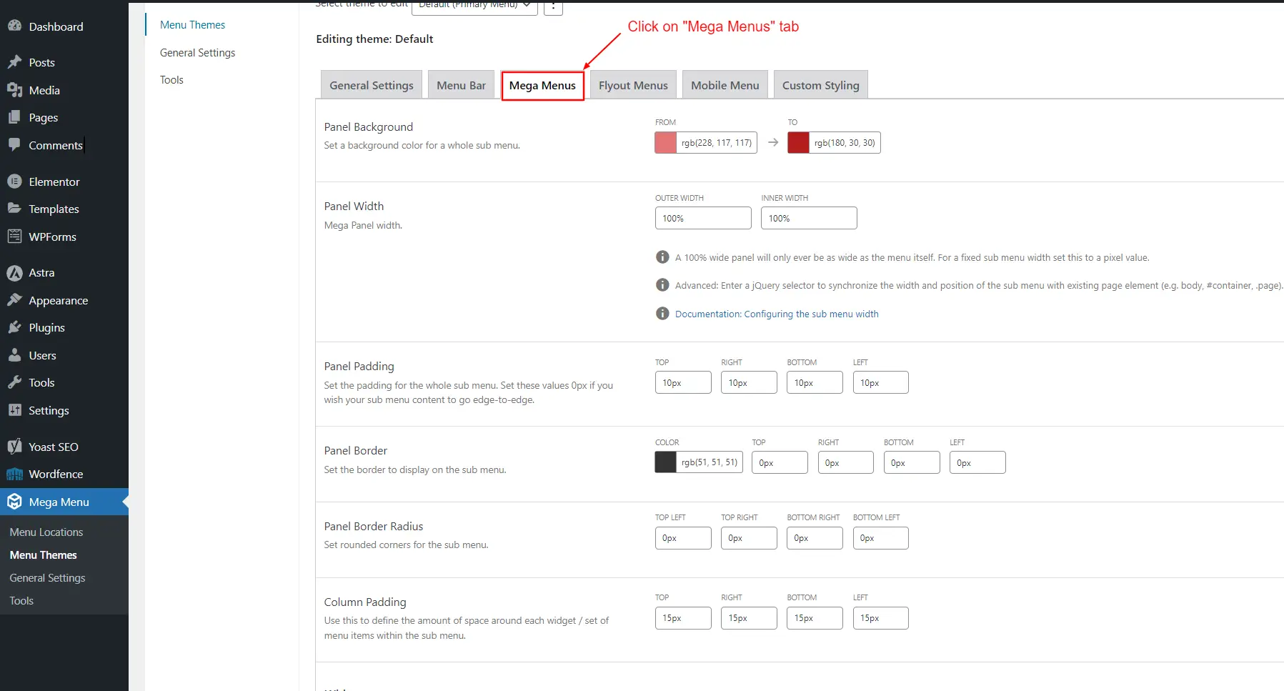 Settings for Main Menu