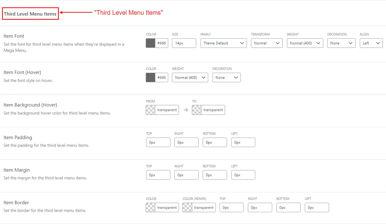 Third Level Menu Settings