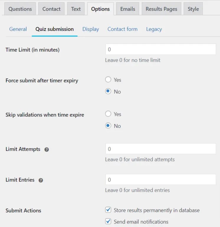 Quiz Submission Settings