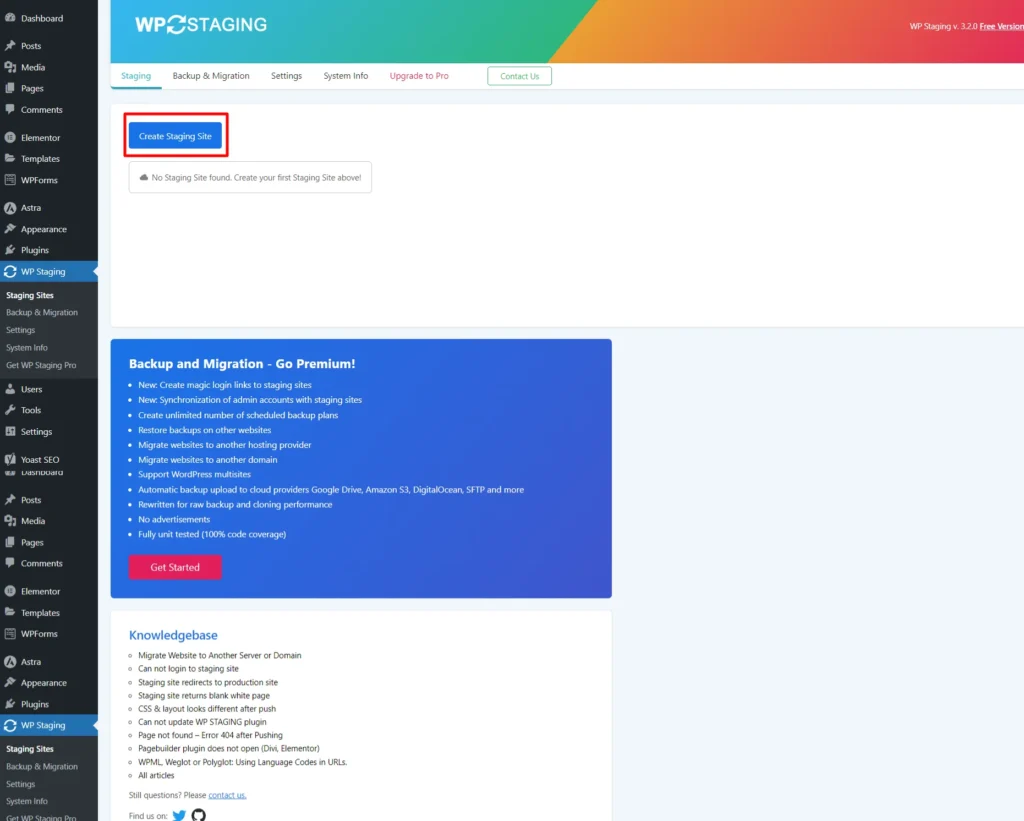 Click on Create Staging Site