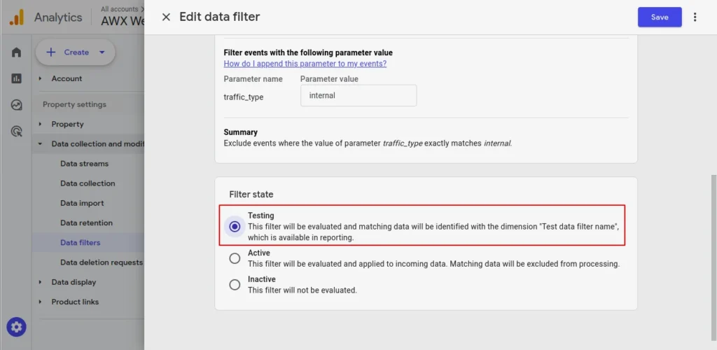 Filter state is set to Testing